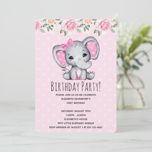 Pink Baby Elephant and Rose Border Baby Show Einladung (Stehend Vorderseite)