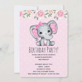 Pink Baby Elephant and Rose Border Baby Show Einladung