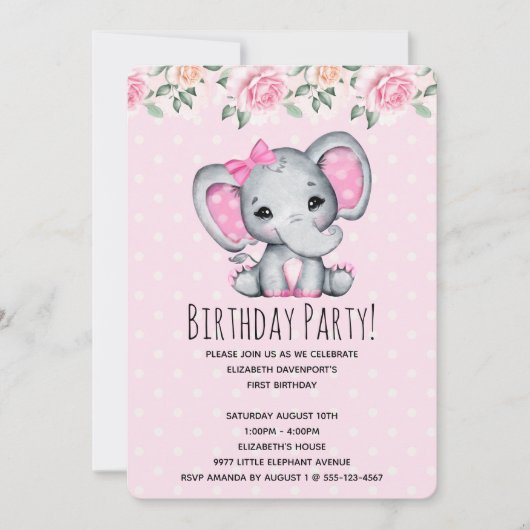 Pink Baby Elephant and Rose Border Baby Show Einladung (Vorderseite)