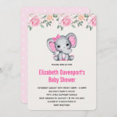 Pink Baby Elephant and Rose Border Baby Show Einladung (Vorne/Hinten)