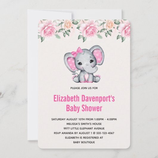Pink Baby Elephant and Rose Border Baby Show Einladung (Vorderseite)