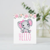 Pink Baby Elephant and Rose Hallo Postkarte (Stehend Vorderseite)