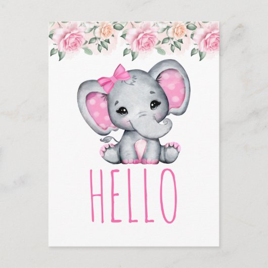 Pink Baby Elephant and Rose Hallo Postkarte (Vorderseite)