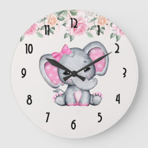 Pink Baby Elephant and Roses Border Große Wanduhr