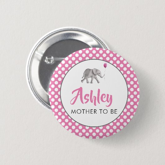 Pink Baby Elephant Babydusche Name Button (Vorne & Hinten)