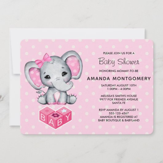 Pink Baby Elephant mit Polka Dots Baby Dusche Einladung (Vorderseite)