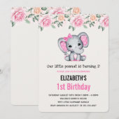 Pink Baby Elephant und Rose Border Birthday Einladung (Vorne/Hinten)