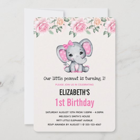 Pink Baby Elephant und Rose Border Birthday Einladung (Vorderseite)