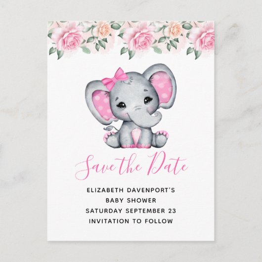 Pink Baby Elephant und Rose Border Save the Date Einladungspostkarte (Vorderseite)