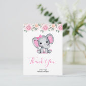 Pink Baby Elephant und Rose - Danke Postkarte (Stehend Vorderseite)