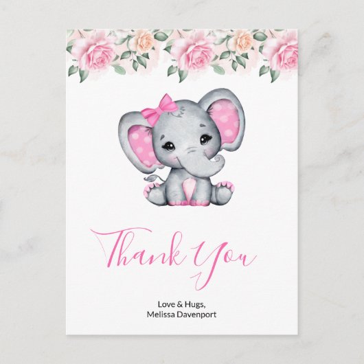 Pink Baby Elephant und Rose - Danke Postkarte (Vorderseite)