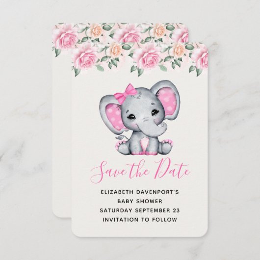 Pink Baby Elephant und Rose Grenze Save The Date (Vorne/Hinten)