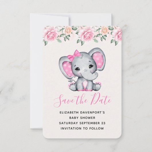 Pink Baby Elephant und Rose Grenze Save The Date (Vorderseite)