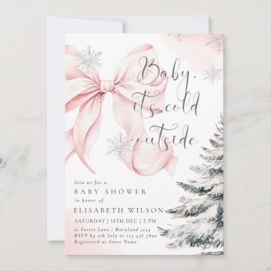 Pink Baby Es ist kalte Outside Bow Girl Babydusche Einladung (Vorderseite)