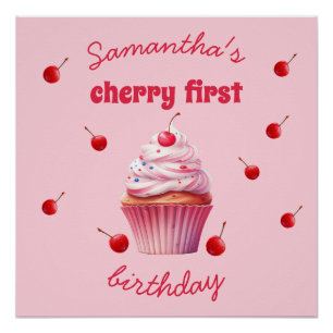 Pink Baby First Cherry & Cupcake Geburtstagsparty Poster
