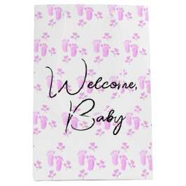 Pink Baby Footprints and Hearts On White Mittlere Geschenktüte