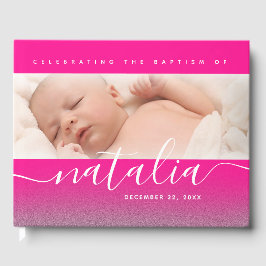 Pink Baby Foto Taufe Christening Cross Glitzer Gästebuch