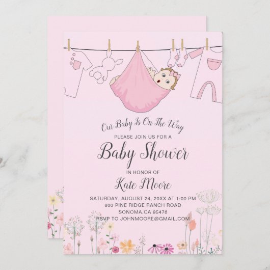 Pink Baby Girl Baby Dusche Einladung (Vorne/Hinten)