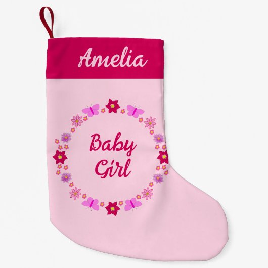 Pink Baby Girl Butterfets and Blume Individuelle N Kleiner Weihnachtsstrumpf (Vorderseite)