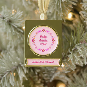 Pink Baby Girl Butterfets und Blume nach Maß Banner-Ornament Gold