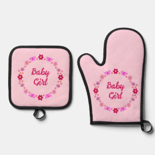 Pink Baby Girl Butterfets und Blume nach Maß Ofenhandschuh & Topflappen-Set