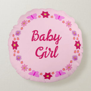 Pink Baby Girl Butterfets und Blume nach Maß Rundes Kissen