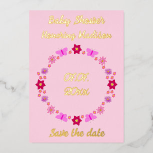 Pink Baby Girl Butterflies und Blume Babydusche Folien Feiertagskarte