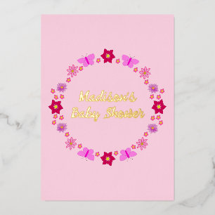Pink Baby Girl Butterflies und Blume Babydusche Folieneinladung