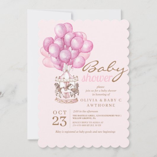 Pink Baby Girl Dusche Niedlich Balloon Stilvoll ei Einladung (Vorderseite)