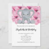 Pink Baby Girl Elephant Blume Niedlich Einladung (Vorderseite)