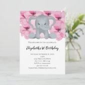 Pink Baby Girl Elephant Blume Niedlich Einladung (Stehend Vorderseite)