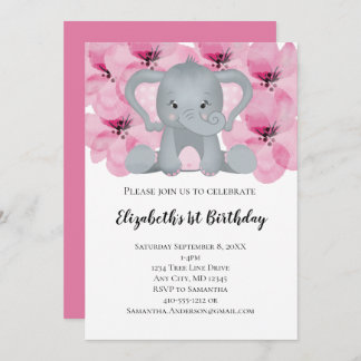 Pink Baby Girl Elephant Blume Niedlich Einladung