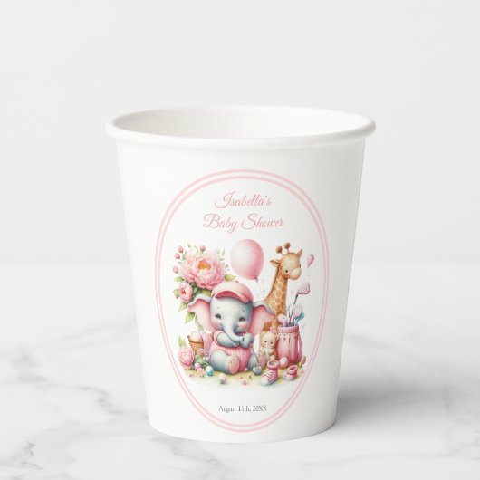 Pink Baby Girl Elephant & Giraffe Golf Baby Dusche Pappbecher (Rückseite)