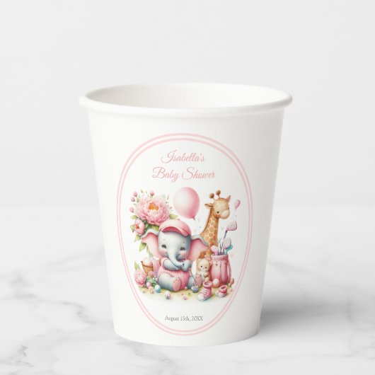 Pink Baby Girl Elephant & Giraffe Golf Baby Dusche Pappbecher (Vorderseite)