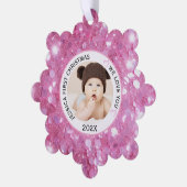 Pink Baby Girl First Christmas Name Foto Ornament Karte (Linke Ecke)