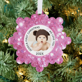 Pink Baby Girl First Christmas Name Foto Ornament Karte