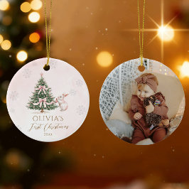 Pink Baby Girl First Christmas Snowflakes Photo Keramik Ornament