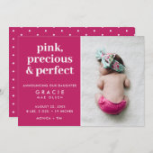 Pink Baby Girl Foto Birth Ankündigung (Vorne/Hinten)