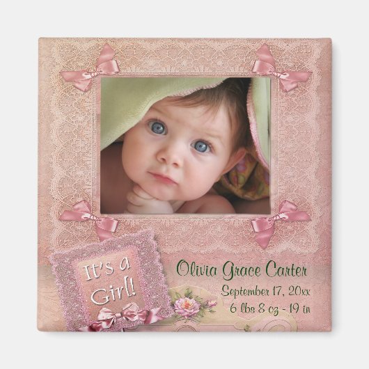 Pink Baby Girl Foto Rahmen Birth Magnete Magnet (Vorne)