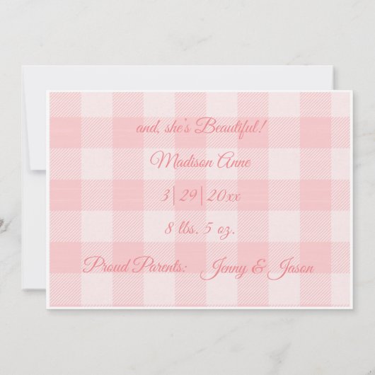 Pink Baby Girl Gingham Kariert Niedlich Ankündigung (Rückseite)