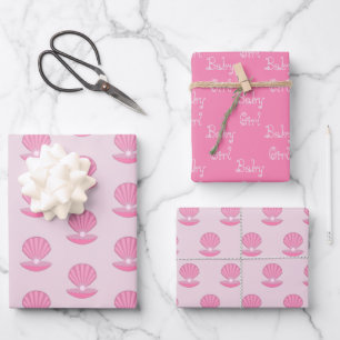 Pink Baby Girl Oyster Muschel und Pearl Baby Dusch Geschenkpapier Set