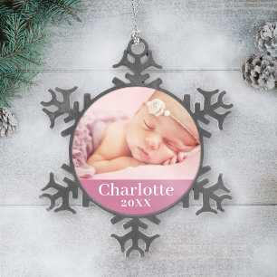 Pink Baby Girl Personalisiert Name Foto Schneeflocken Zinn-Ornament