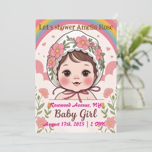 Pink Baby Girl Shower Invitation Einladung (Stehend Vorderseite)