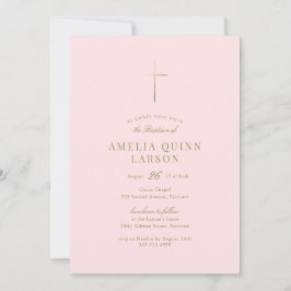 Pink Baby Girl Simple Elegant Gold Cross Taufe Einladung