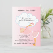 Pink Baby Girl Stork Babydusche Einladung (Stehend Vorderseite)