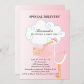 Pink Baby Girl Stork Babydusche Einladung (Vorne/Hinten)