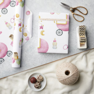 Pink Baby Girl Watercolor Thema Kinderdusche Geschenkpapier