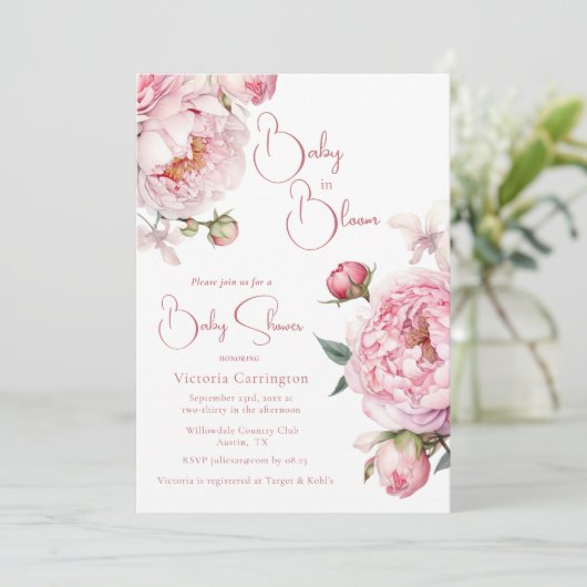 Pink Baby in Bloom Floral Moderne Babydusche Einladung (Stehend Vorderseite)