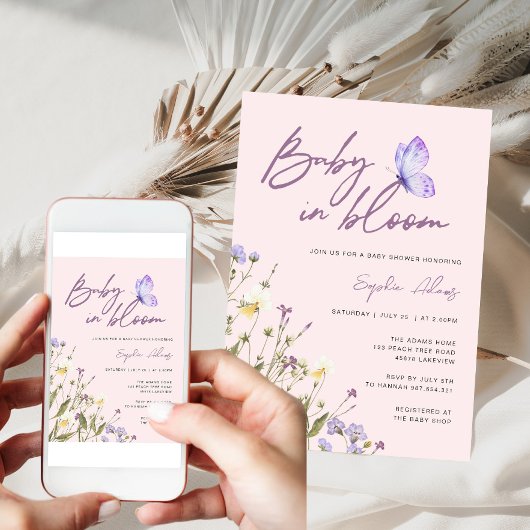 Pink Baby in Bloom Wildblume Babydusche Einladung