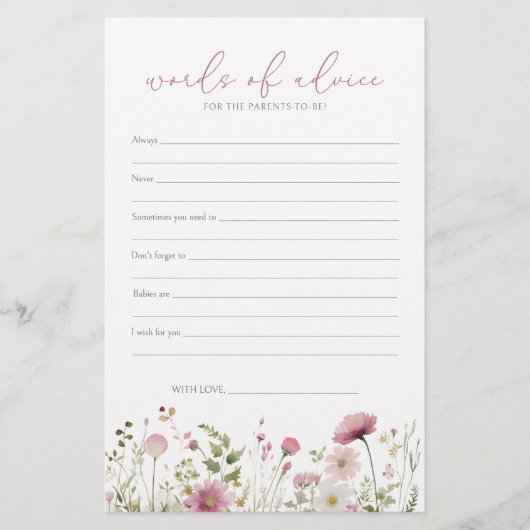 Pink Baby In Bloom Wildflower Baby Advice Card (Vorderseite)